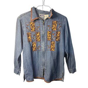 VTG Erika & Co Womens Medium Leopard Patchwork Denim Zip Shirt Contrast Stitch
